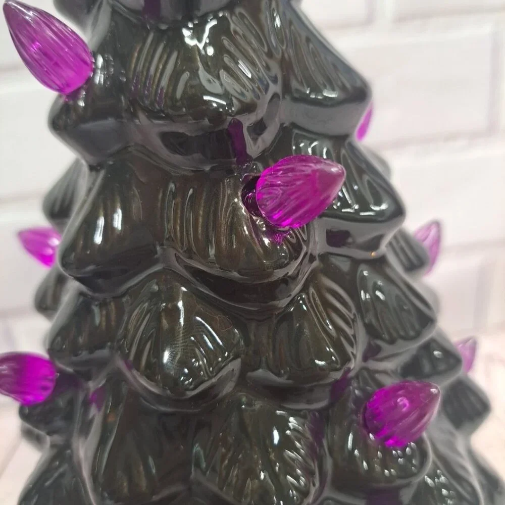 Halloween Lighted Black Tree Purple Lights Bat Tree Topper Ceramic  9” Tall, NEW